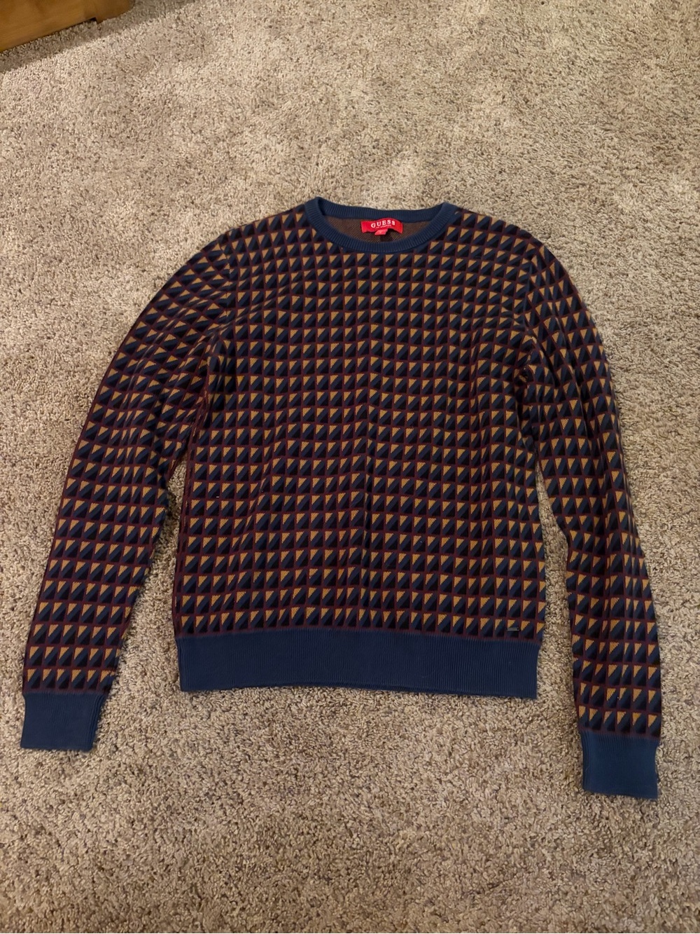 Guess Navy and Brown Diamond-Pattern Crewneck Sweater